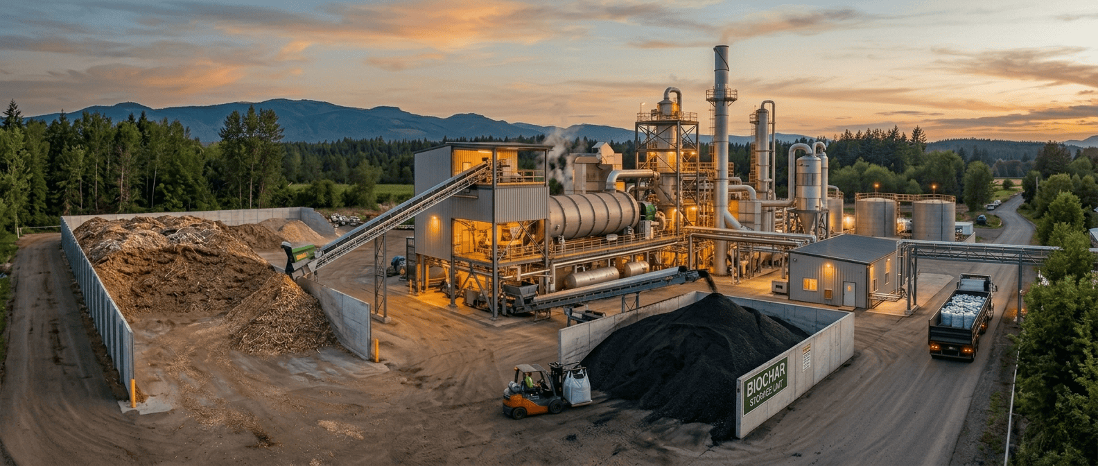 Industrial Pyrolysis Plant + Biochar + Biomass Feedstock